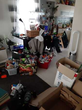 Unordentliches Wohnzimmer mit vielen Kartons, Haushaltswaren und Verpackungen im Chaos.