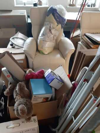 Ein Umzugszimmer mit Kartons, Stuhl, Haushaltsgegenständen und Kuscheltier.